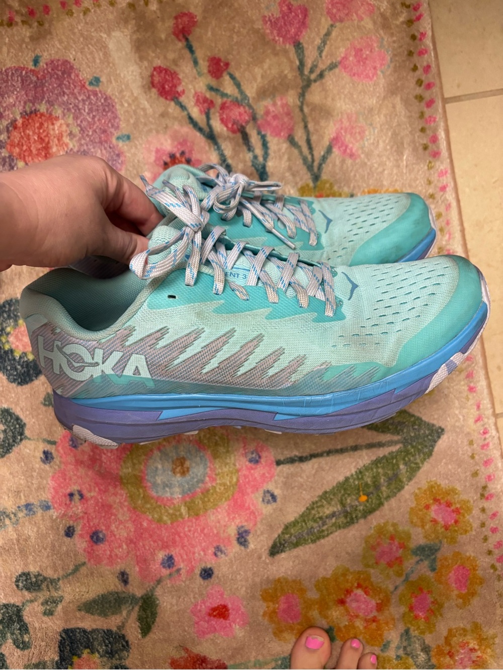 Hoka Women's Teal and Light Blue Cushioned Running Shoes